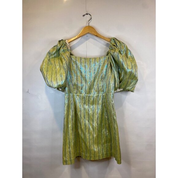 KOCH Chloe Mini Dress Green Shimmer Striped Satin Puff Sleeve Size Large